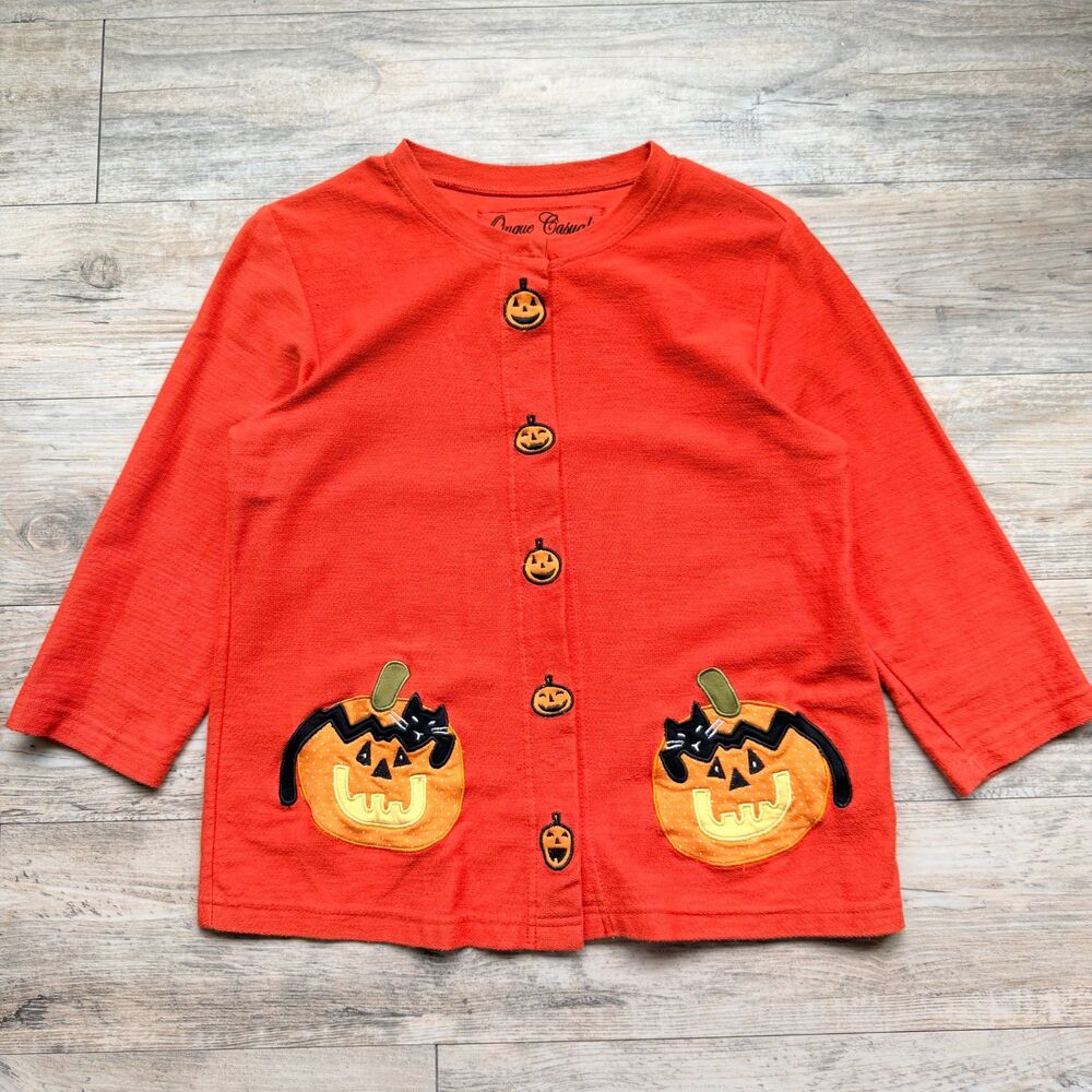 Vintage Halloween Sweater Cardigan Small Orange Jack O Lantern Cat Novelty Fall